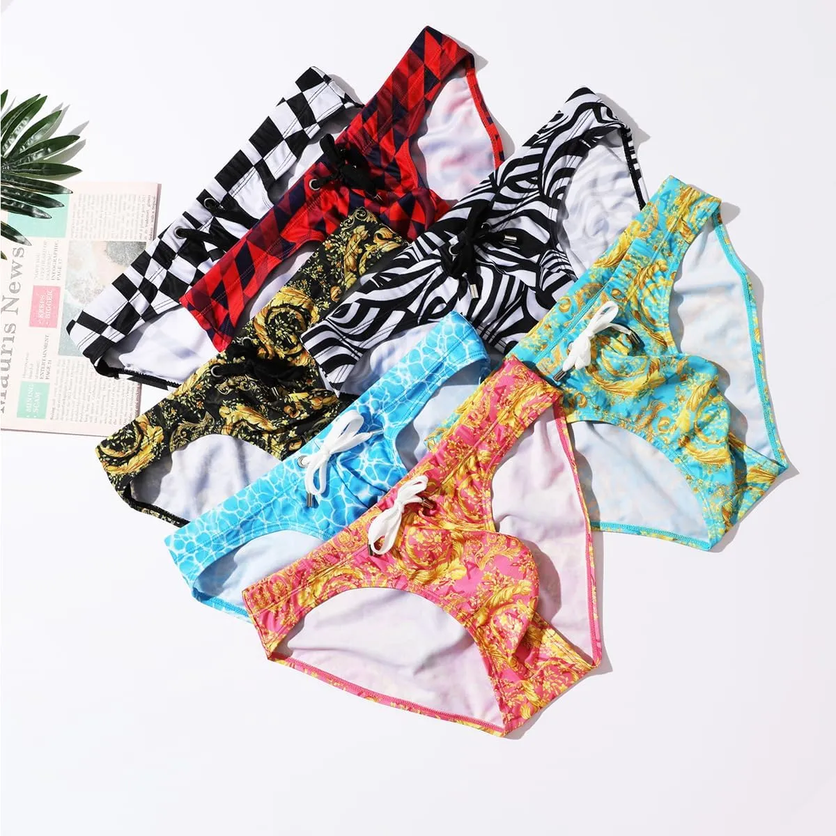 Casey Kevin Men's Triangle Swimming Brief Sexy Low Waist Swimwear Printed Bikini Surf Bathing Swimsuits