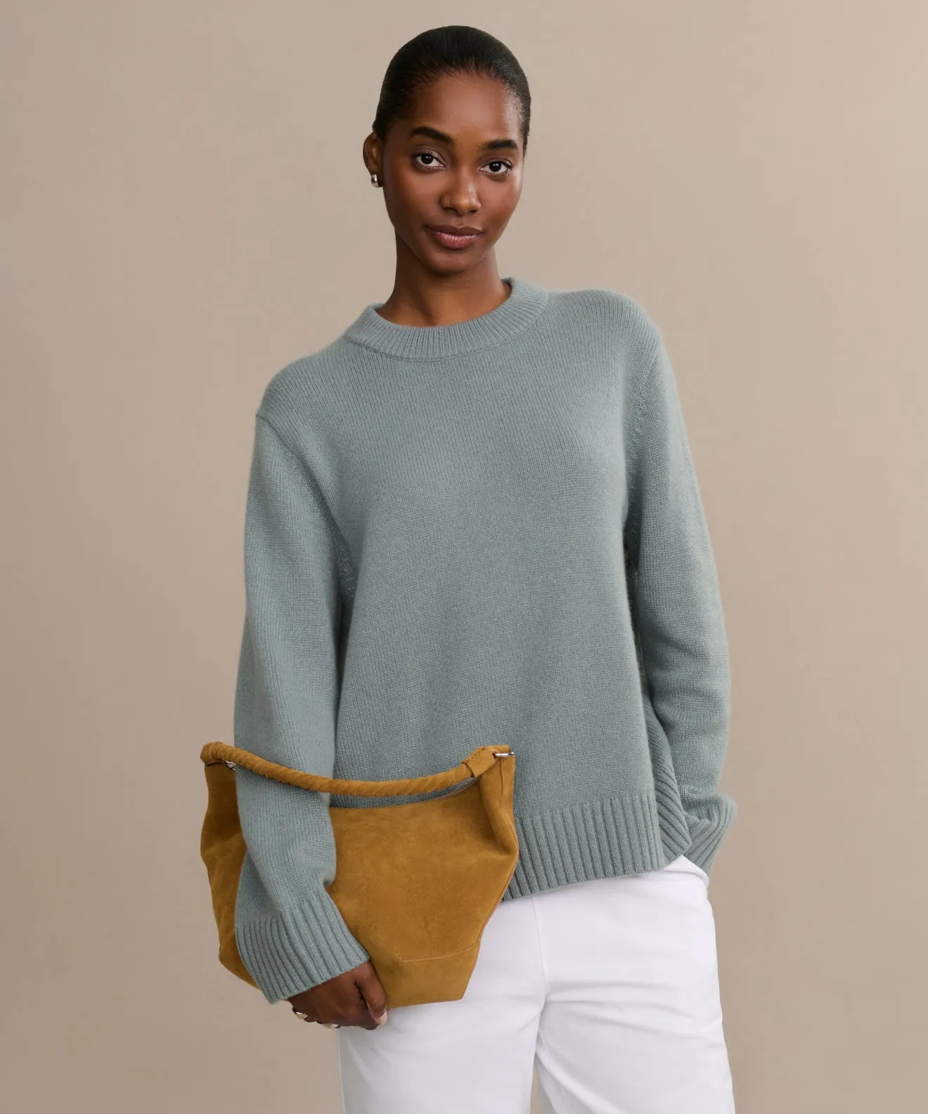 Bamboo Derived Material Simple Cut Cashmere Oversized Crewneck