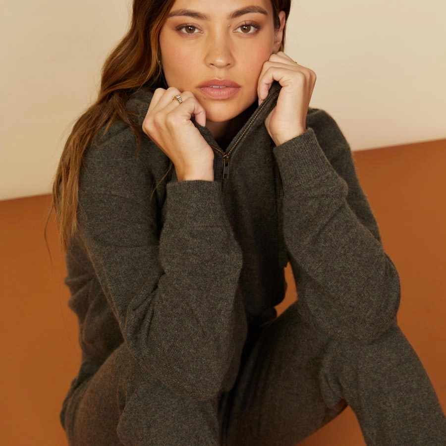 Cashmere Zip Up Hoody Double Stitched Hem