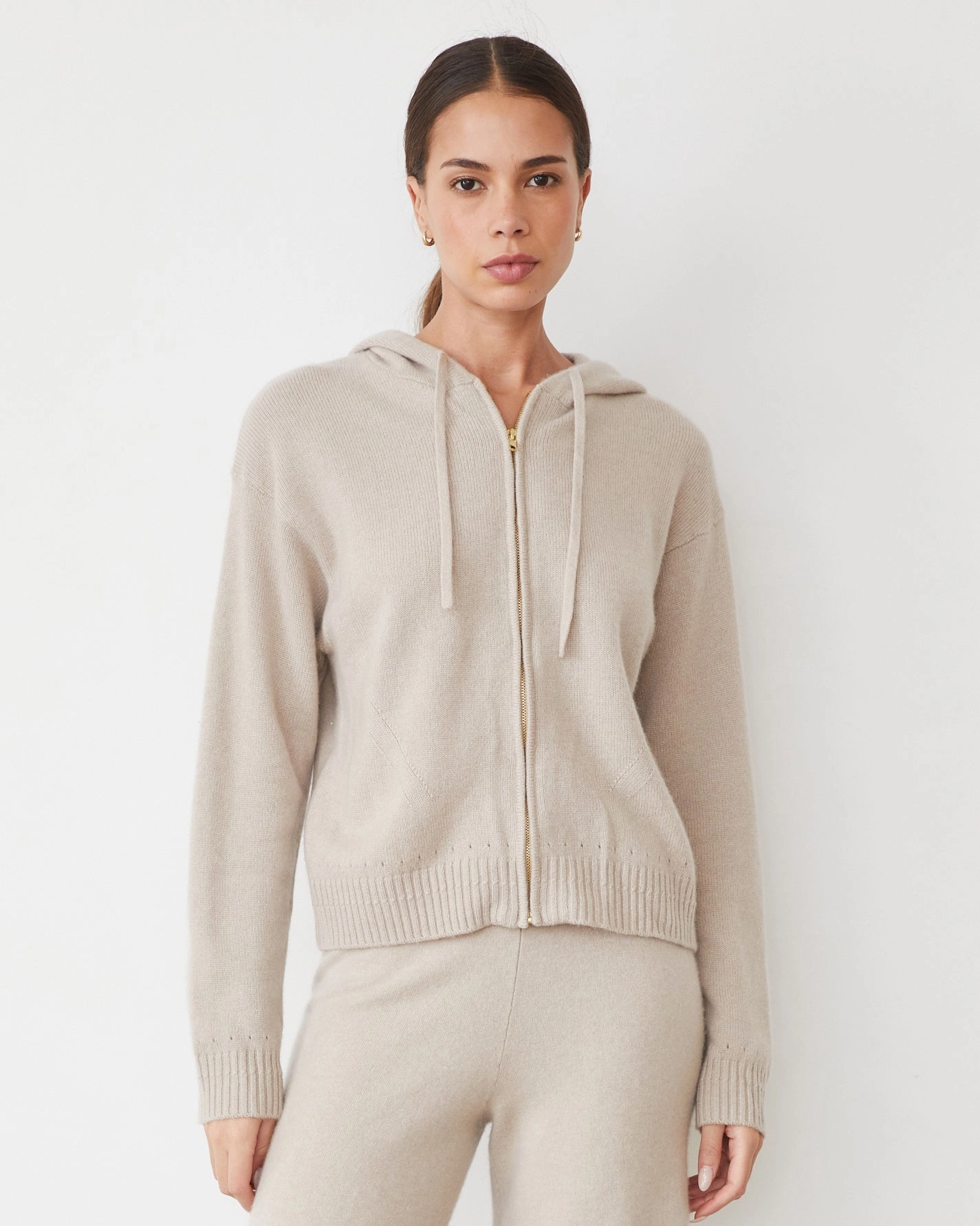 Ribbed Trim Cashmere Zip Up Hoody
