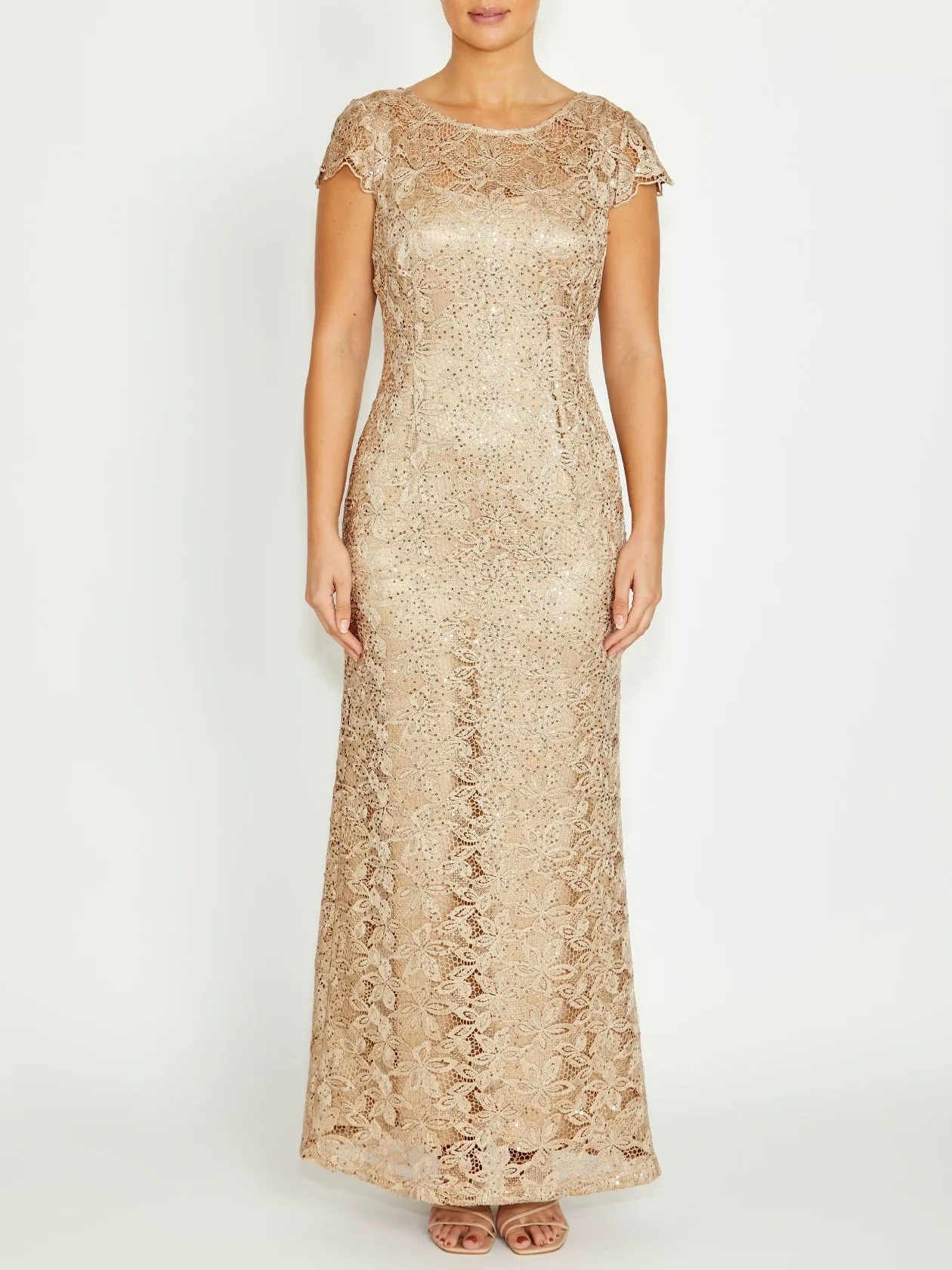 Millicent Champagne Sequin Lace Gown Tonal-Stitching Soft Tones