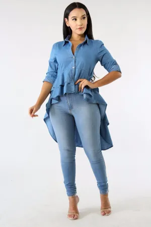 Casual Double Ruffle Hem Denim Long Blouse Asymmetric Blue Turn Down