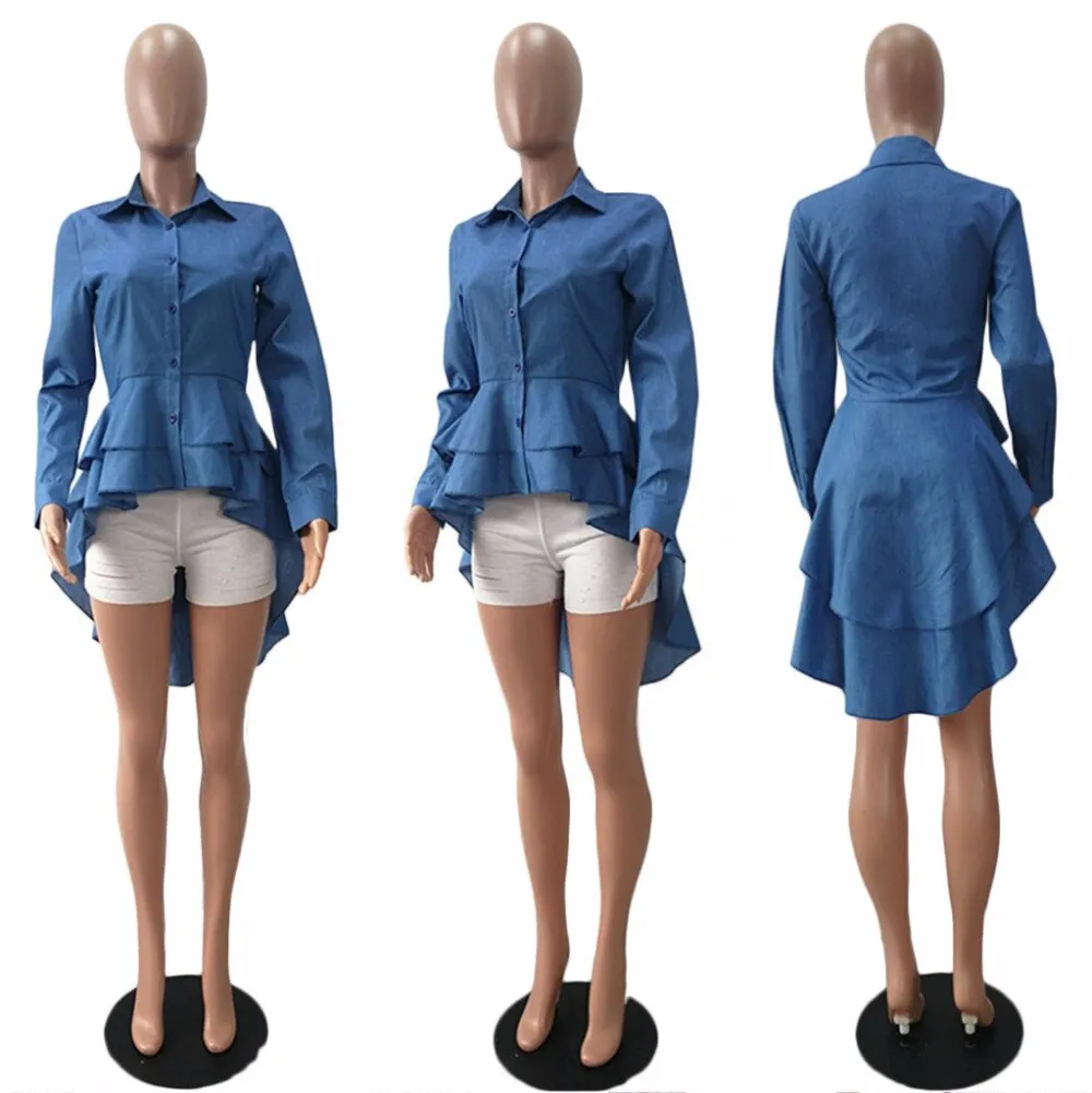 Casual Double Ruffle Hem Denim Long Blouse Asymmetric Blue Turn Down