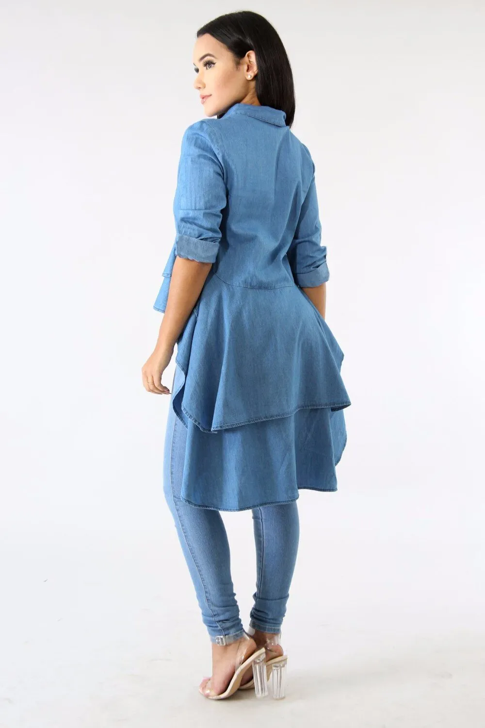 Casual Double Ruffle Hem Denim Long Blouse Asymmetric Blue Turn Down