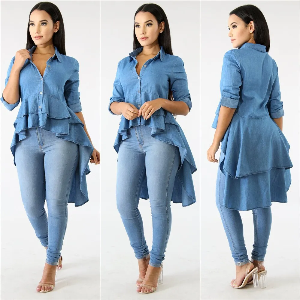 Casual Double Ruffle Hem Denim Long Blouse Asymmetric Blue Turn Down