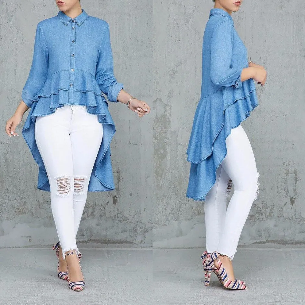 Casual Double Ruffle Hem Denim Long Blouse Asymmetric Blue Turn Down