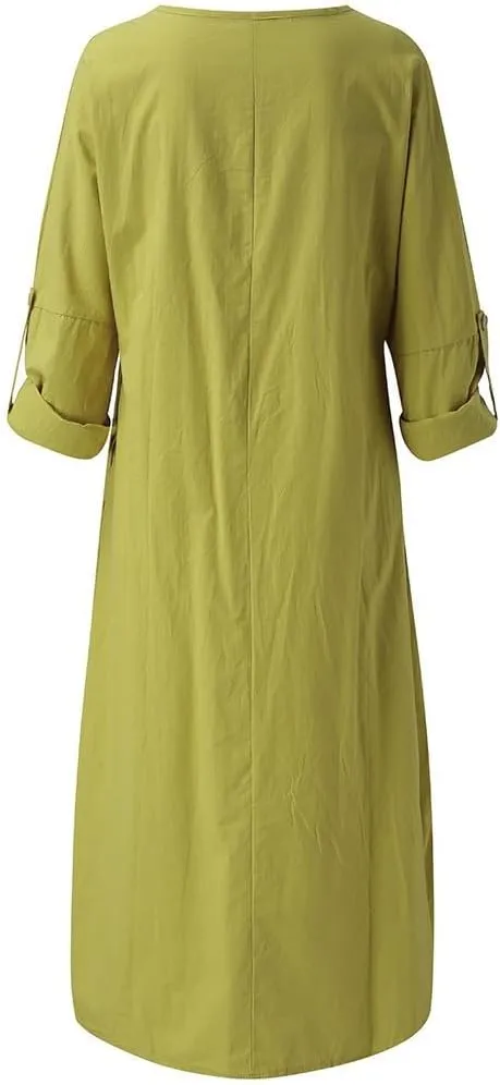 Casual Dresses for Women Cotton Linen Long Sleeve Maxi Dress with Pockets Trendy Solid Crew Neck Loose Summer Dress