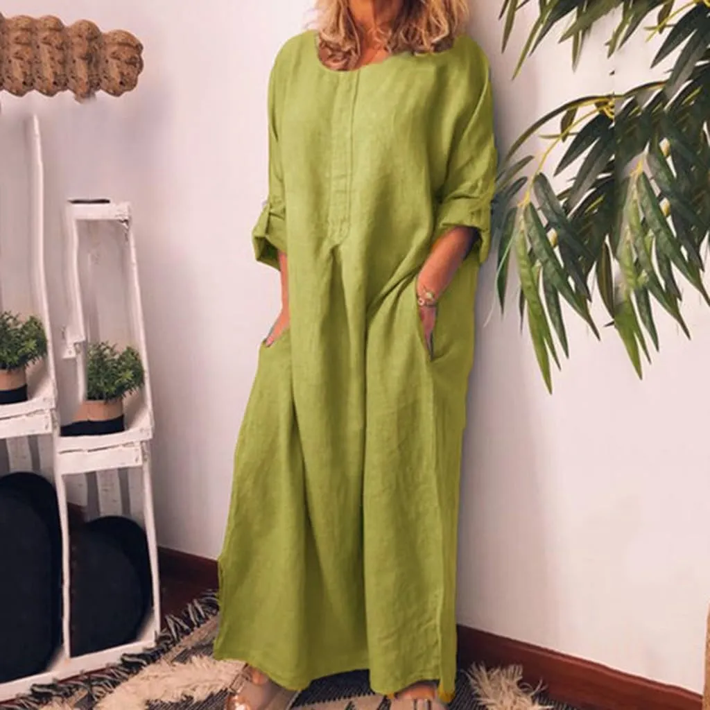 Casual Dresses for Women Cotton Linen Long Sleeve Maxi Dress with Pockets Trendy Solid Crew Neck Loose Summer Dress