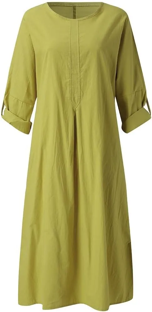 Casual Dresses for Women Cotton Linen Long Sleeve Maxi Dress with Pockets Trendy Solid Crew Neck Loose Summer Dress