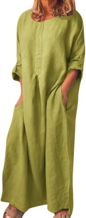 Casual Dresses for Women Cotton Linen Long Sleeve Maxi Dress with Pockets Trendy Solid Crew Neck Loose Summer Dress