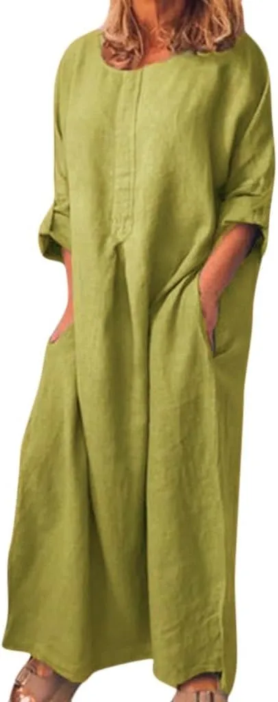 Casual Dresses for Women Cotton Linen Long Sleeve Maxi Dress with Pockets Trendy Solid Crew Neck Loose Summer Dress