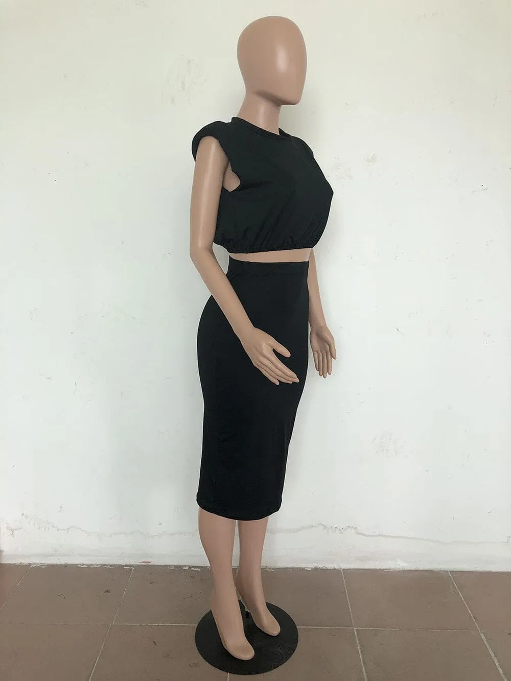 Casual Sleeveless Shoulder Pad T-shirt Tight Skirt 2 Piece Set F2941