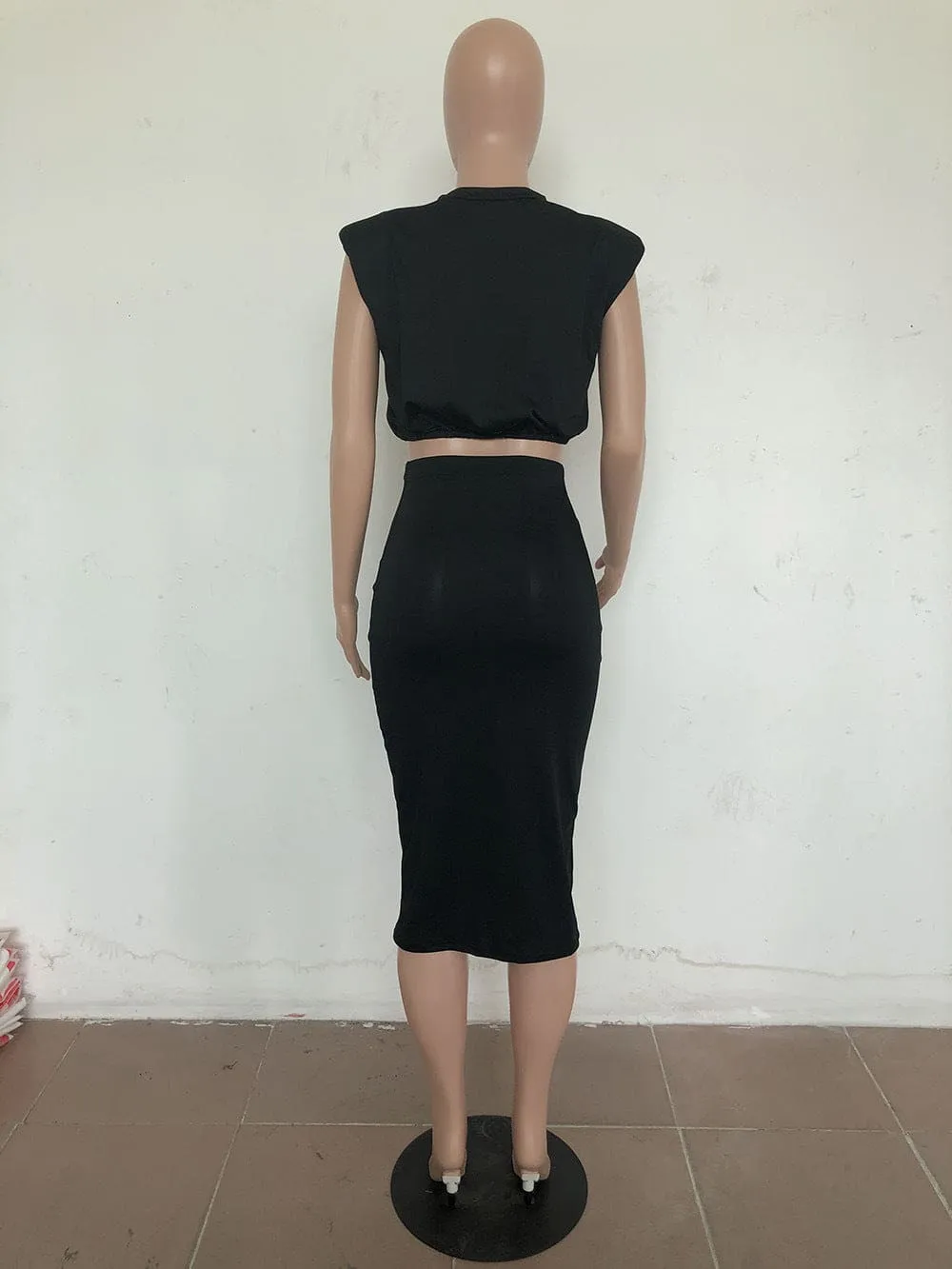 Casual Sleeveless Shoulder Pad T-shirt Tight Skirt 2 Piece Set F2941