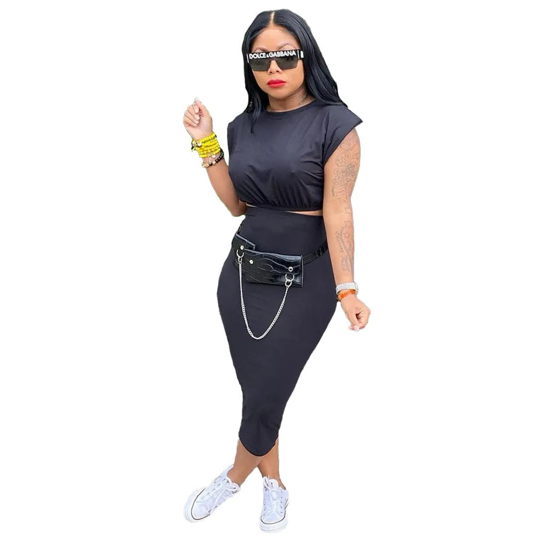 Casual Sleeveless Shoulder Pad T-shirt Tight Skirt 2 Piece Set F2941