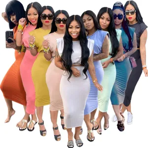 Casual Sleeveless Shoulder Pad T-shirt Tight Skirt 2 Piece Set F2941