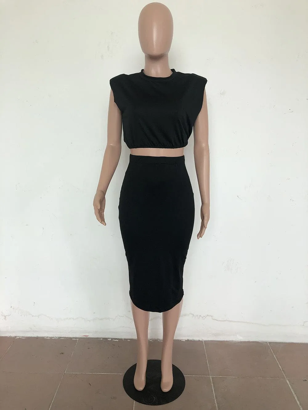 Casual Sleeveless Shoulder Pad T-shirt Tight Skirt 2 Piece Set F2941