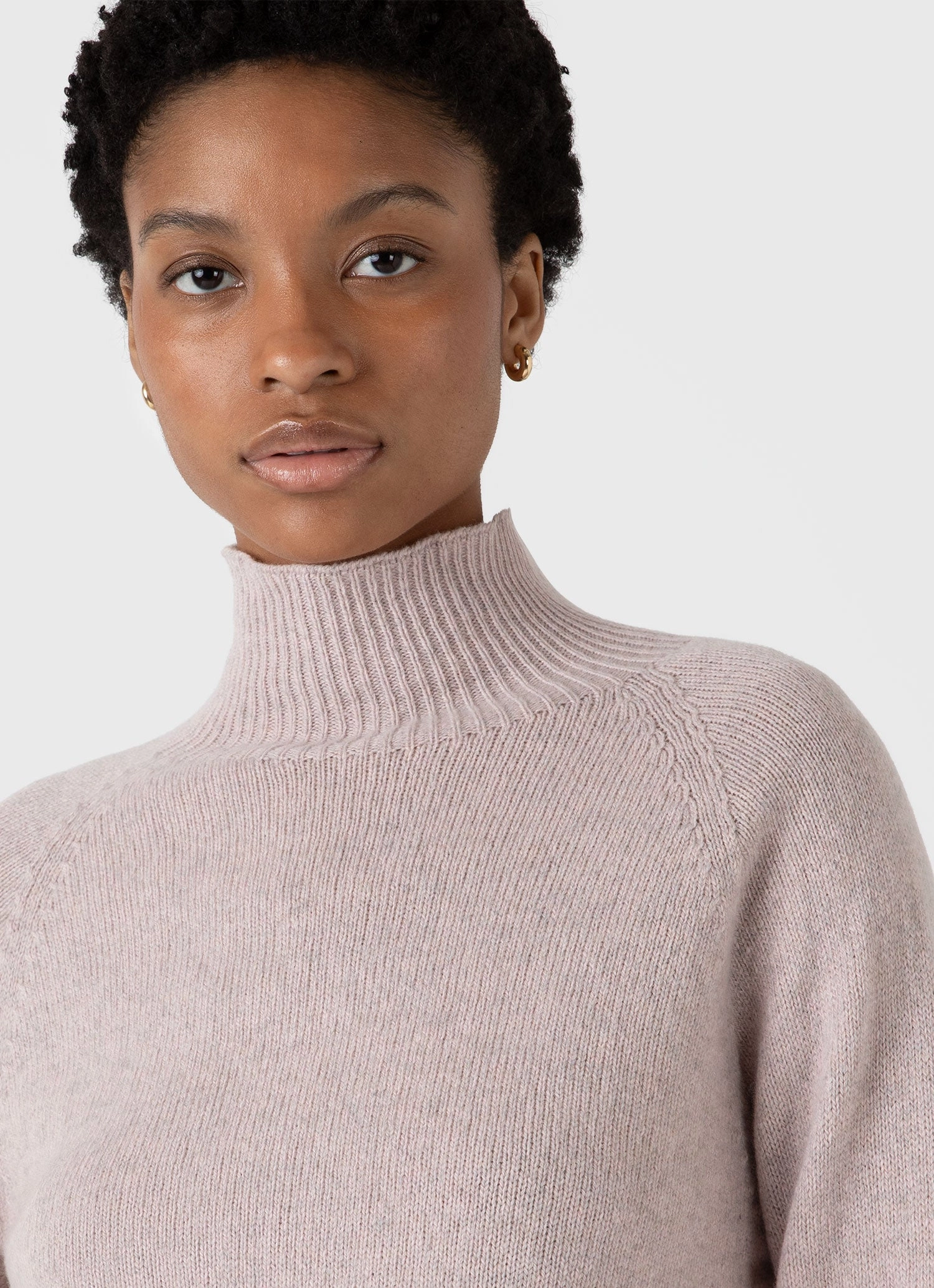 Outdoor Casual Look Knit Reinforced Edges Women's Lambswool Funnel Neck Jumper in Pale Pink Twist