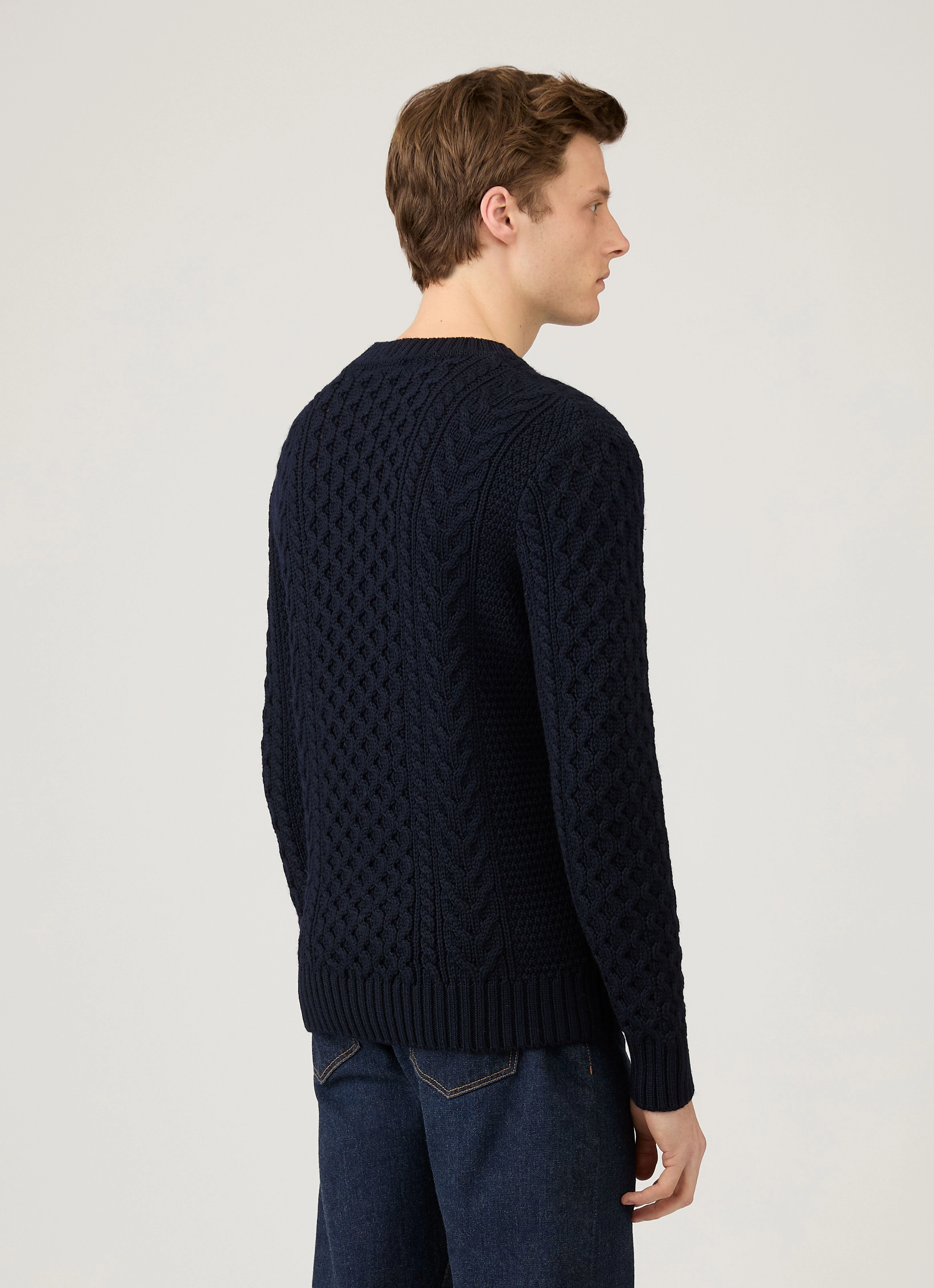Men's Cable Knit Jumper in Navy Wrinkle Recovery Fabric LowMaintenance Care