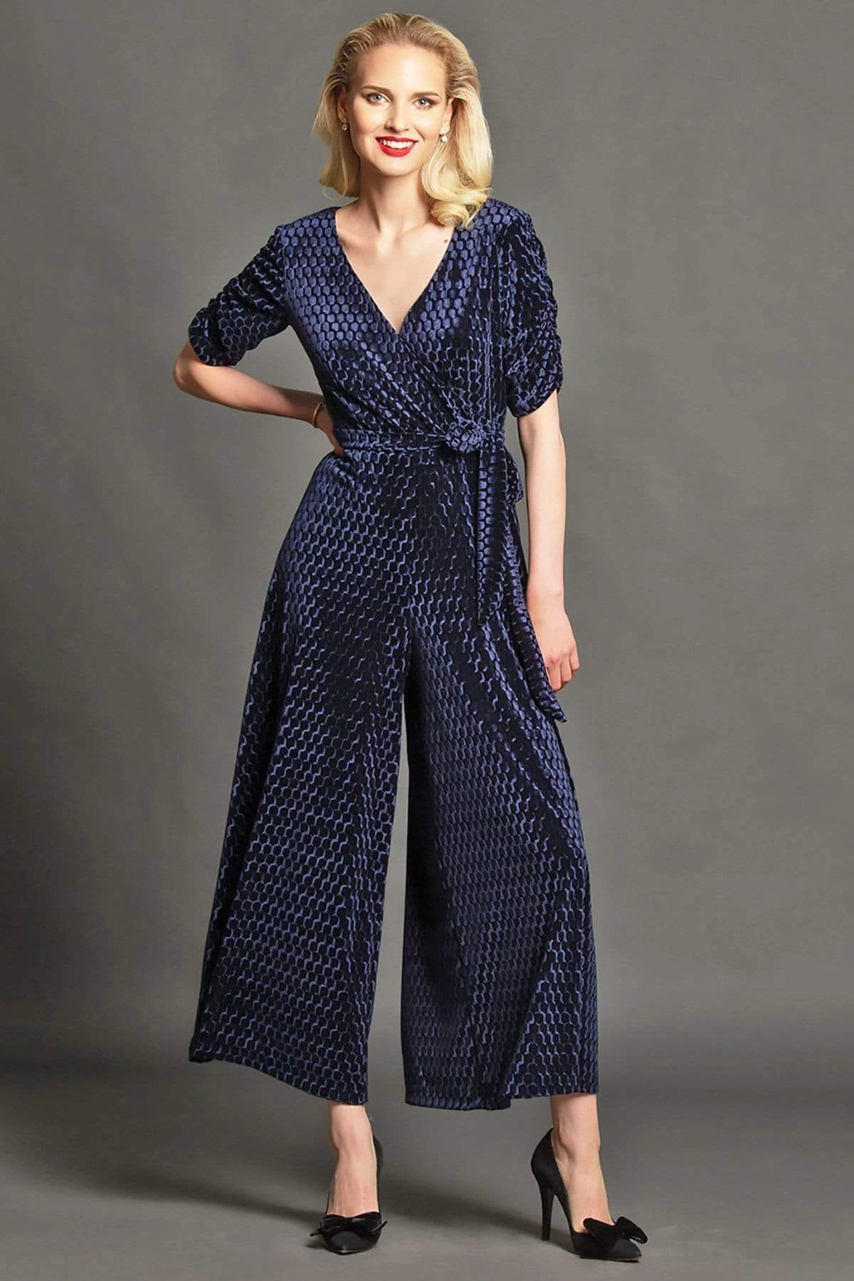 Catalina Jumpsuit - Black/Navy Pebbled Velvet ContouredPanels