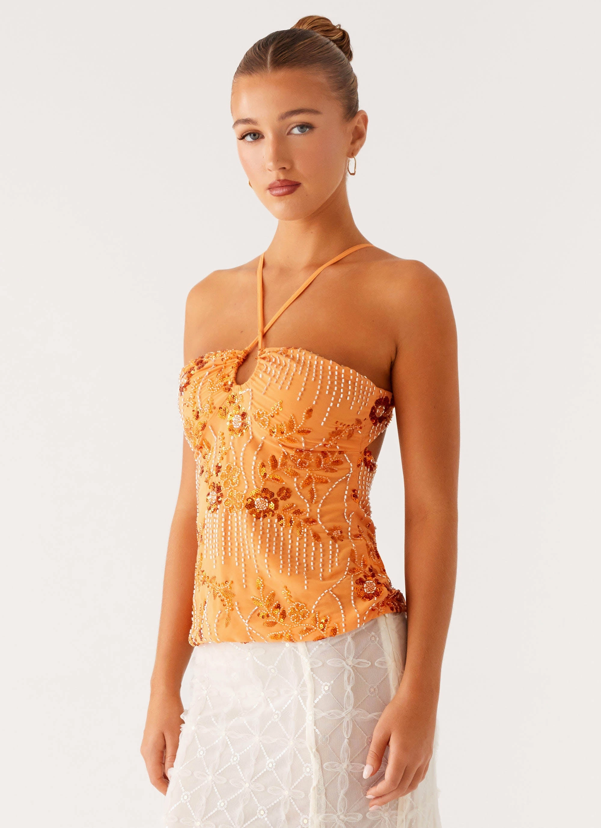 Catalina Sequin Top - Orange Self Fabric Tie Closure Torsion Support Structure
