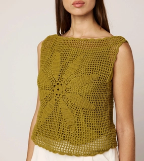 Contrast Stitch Detailing Caylee Crochet Top | Moss