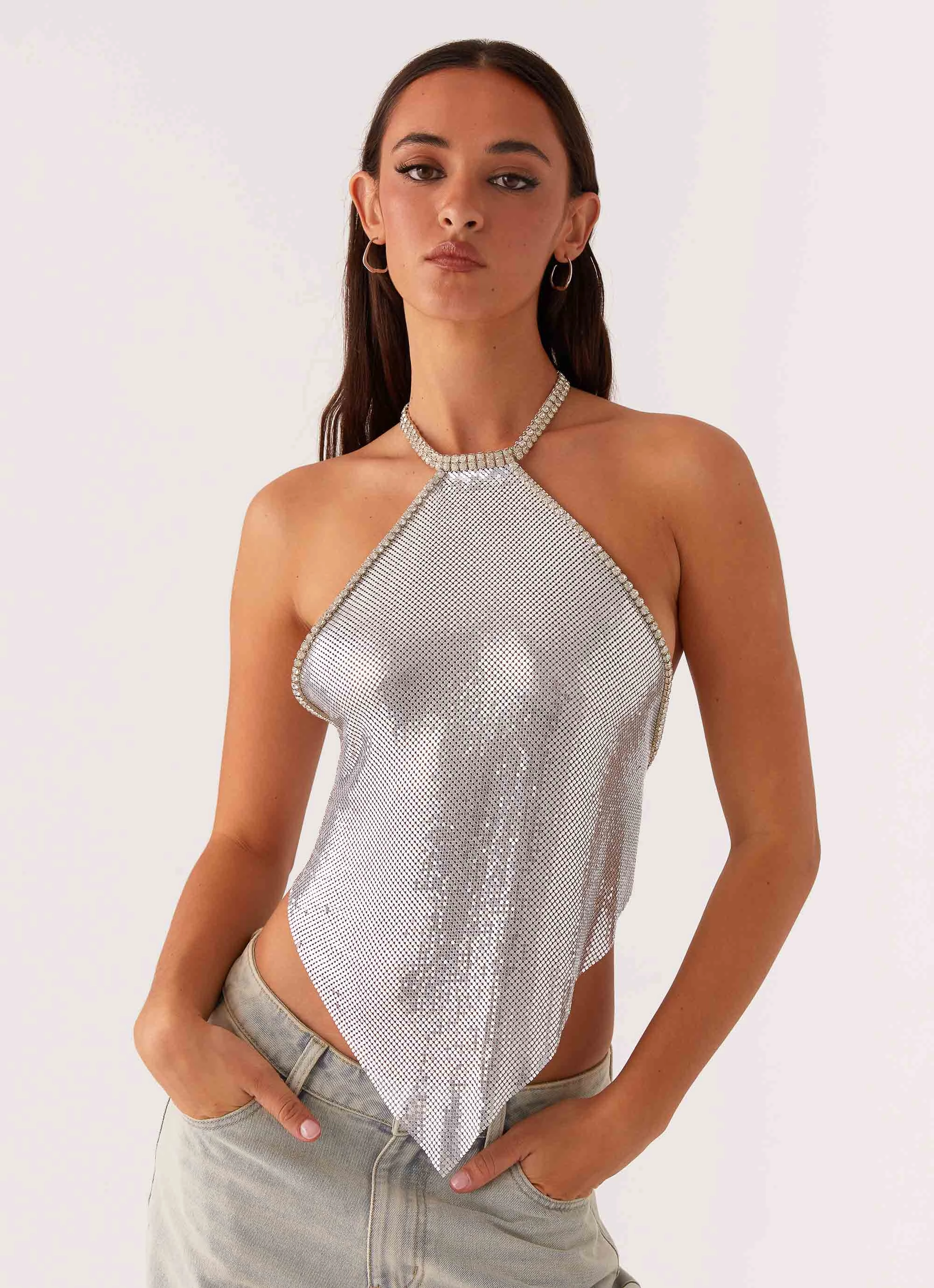 Celebrate Halterneck Chainmail Top - Silver WrinkleFree Structure BreathableMaterial
