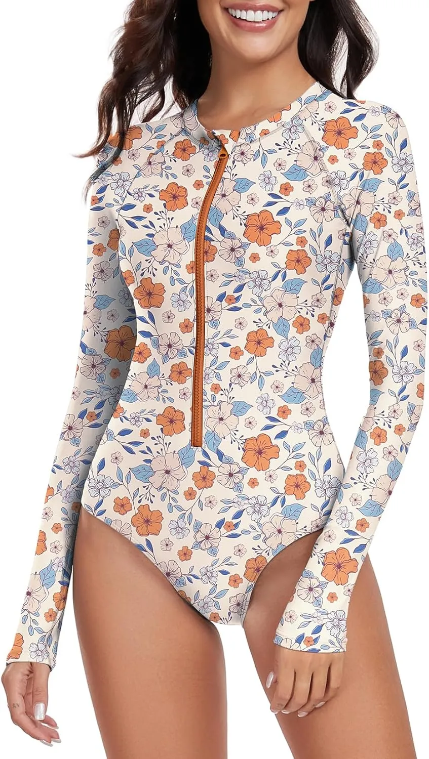 Century Star Long Sleeve Swimsuits Women Teen Girls Rash Guard UPF 50  One Piece Surfing Modest Full Coverage Bathing Suit