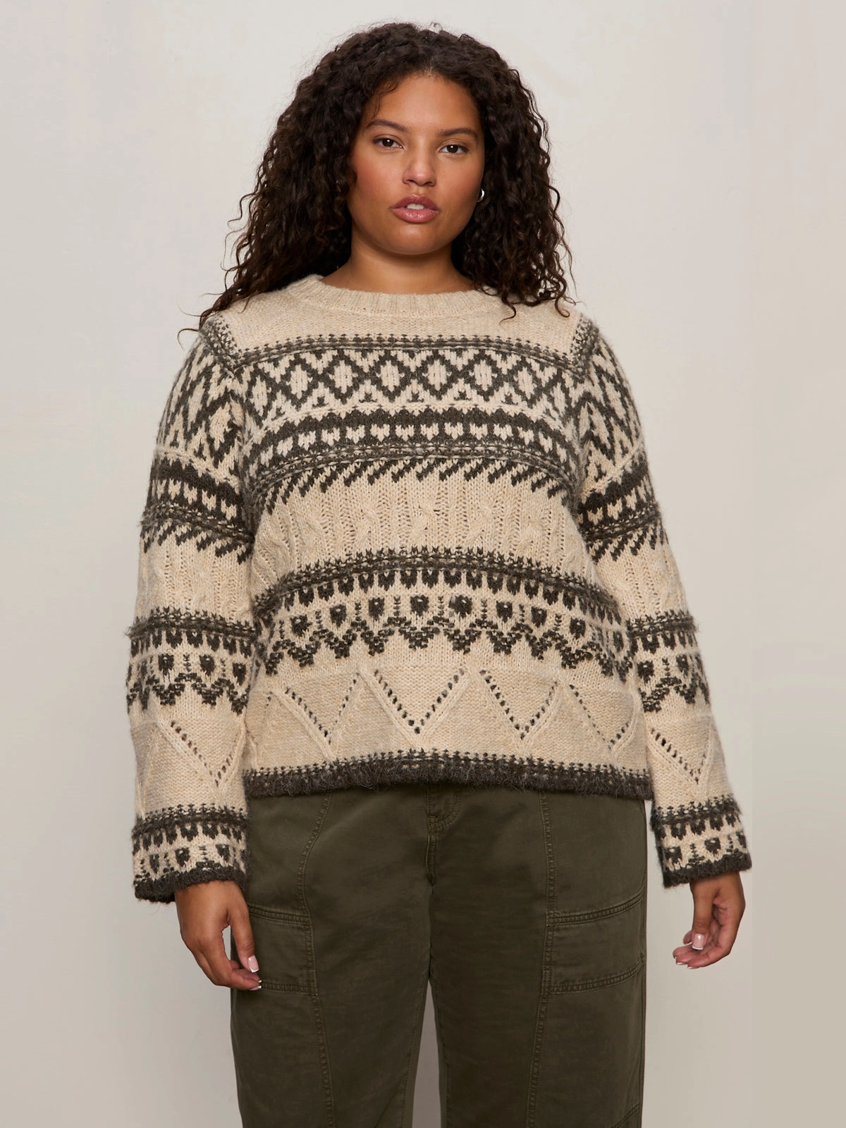 Soft Microfiber Surface Versatile Casual Look Fairisle Sweater Light Oat Multi Extended Sizing