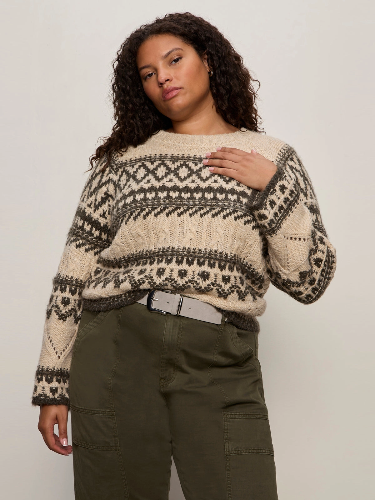 Non Restrictive Silhouette Ventilation Panel Design Fairisle Sweater Light Oat Multi Extended Sizing
