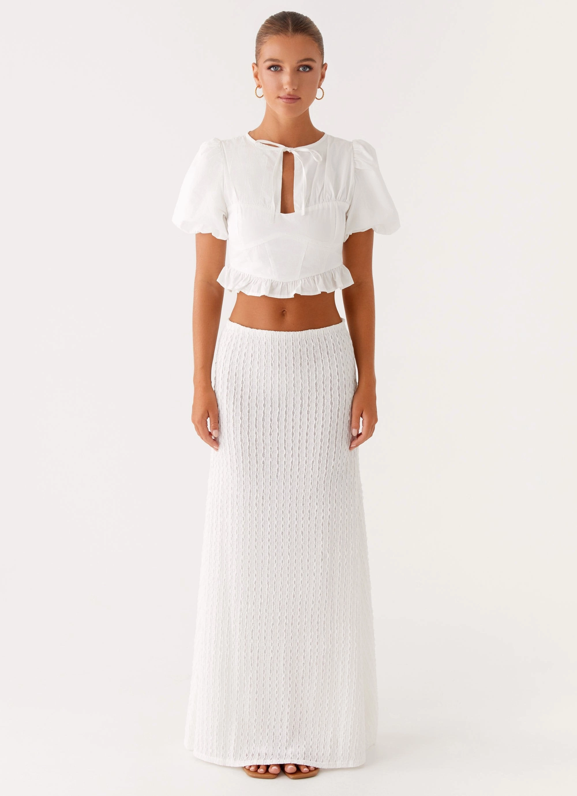 Megan Balloon Sleeve Top - White Reinforced Hem Stitching