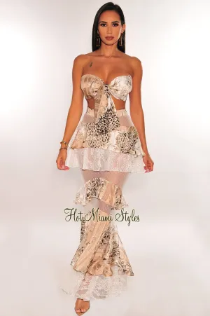 Champagne Animal Print Bandeau Padded Lace Ruffle Maxi Skirt Two Piece Set