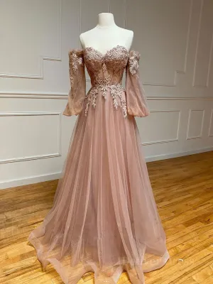 Champagne sweetheart neck tulle lace long prom dress, lace evening dress