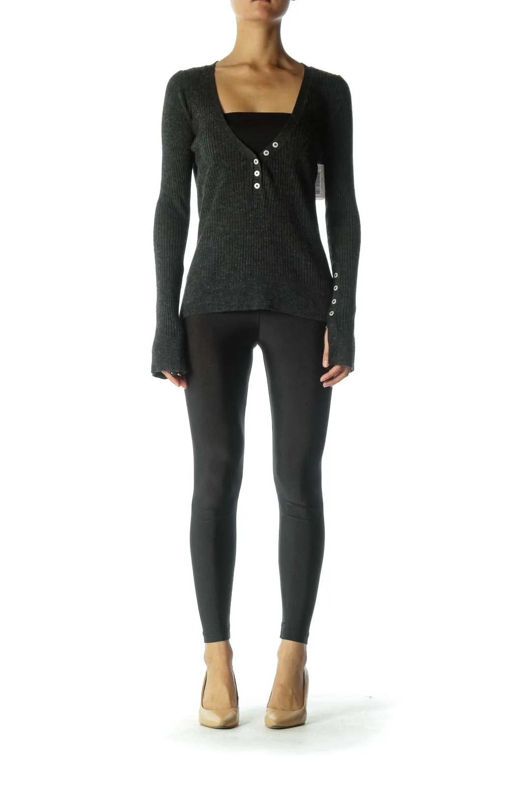 Charcoal Ribbed Henley Top