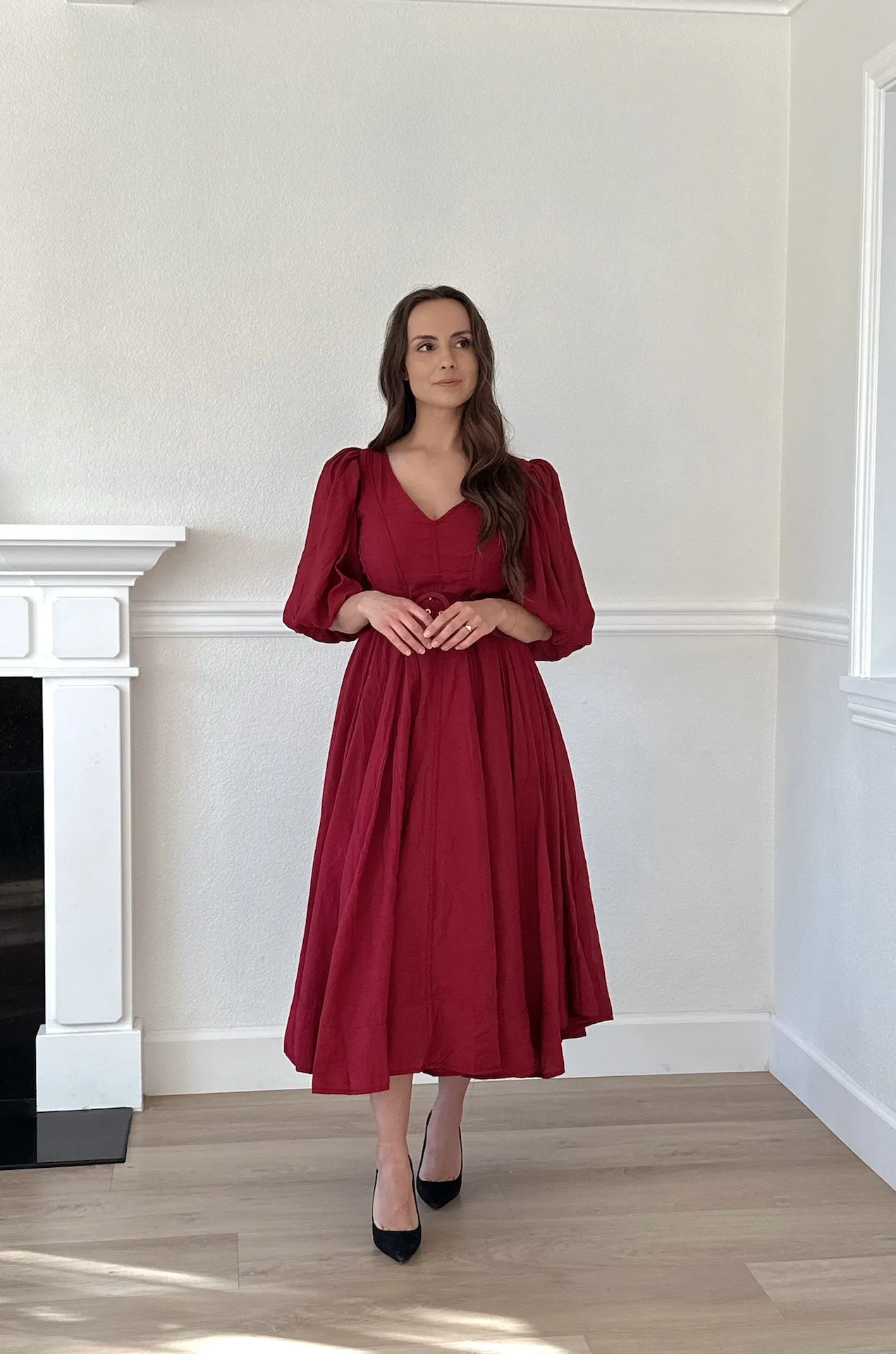 Charlotte Burgundy Puff Sleeve Midi Dress