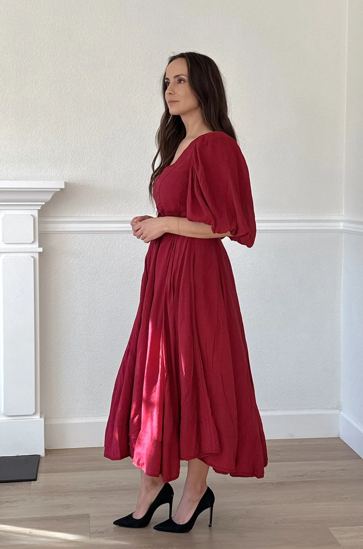 Charlotte Burgundy Puff Sleeve Midi Dress
