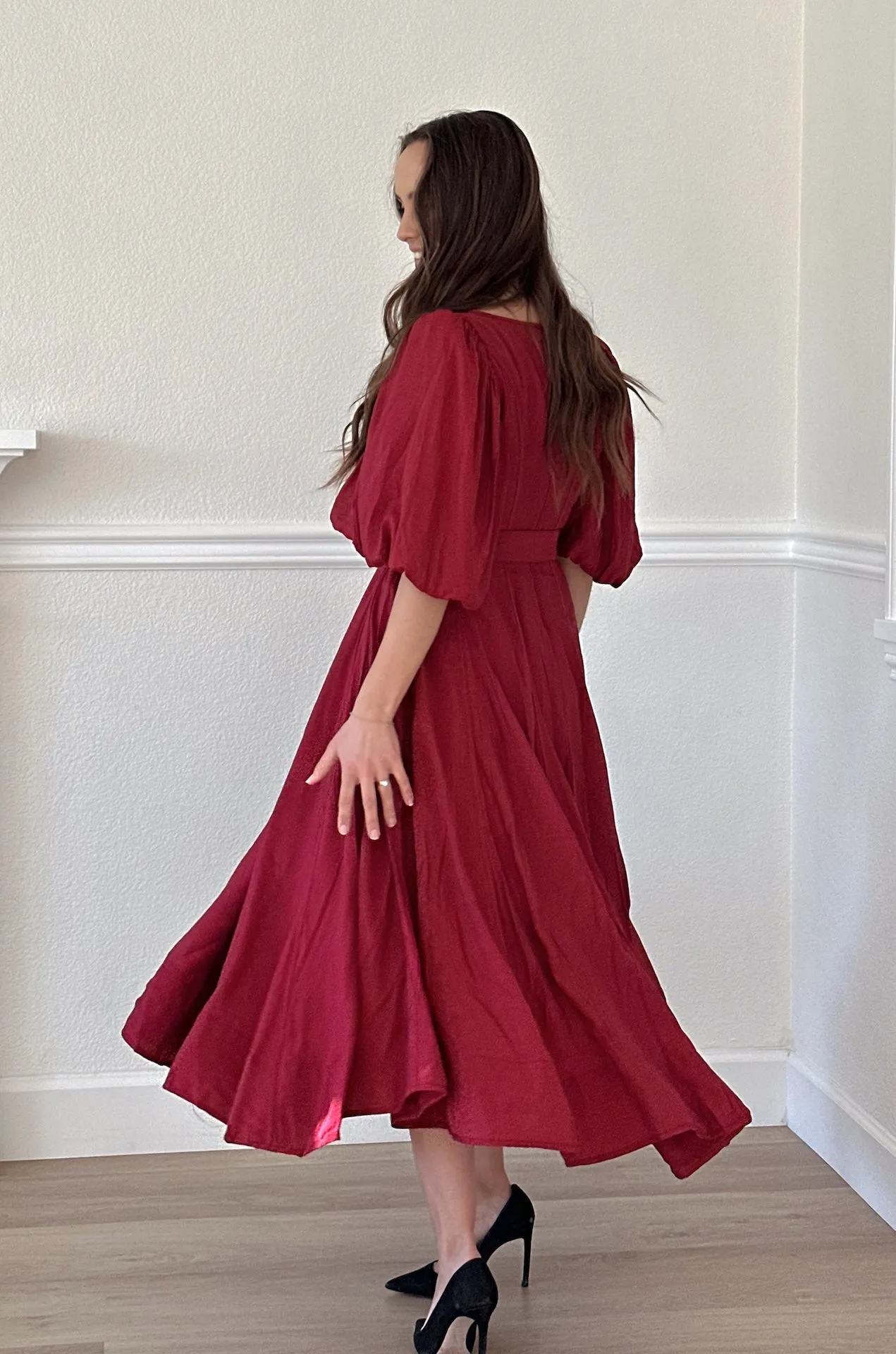Charlotte Burgundy Puff Sleeve Midi Dress