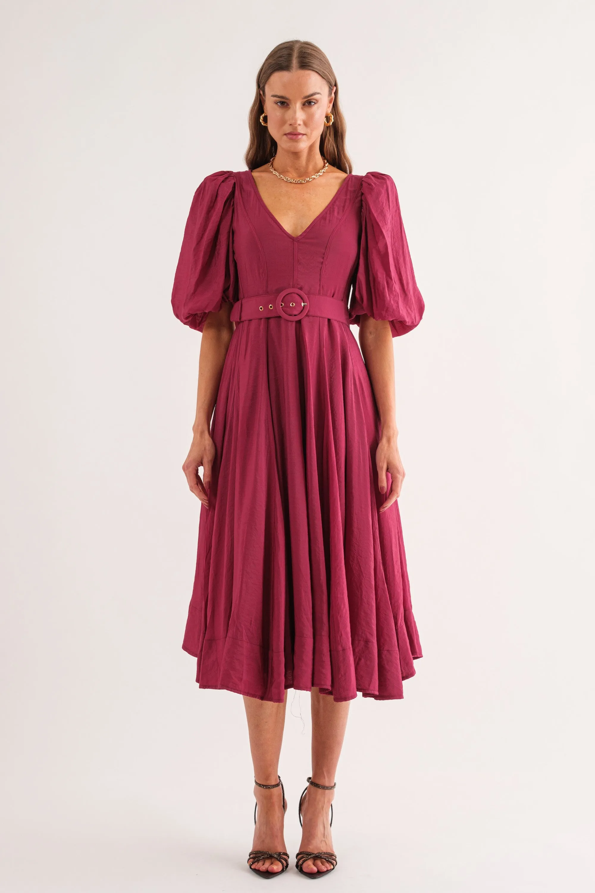 Charlotte Burgundy Puff Sleeve Midi Dress