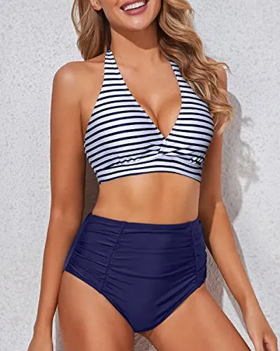 Charming Tummy Control Two Piece High Waisted Bikini Set-Blue White Stripe