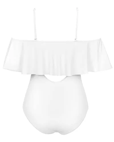Charming Women's Lace Up Ruffled One Piece Bathing Suit-White
