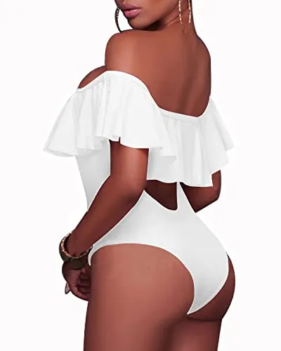 Charming Women's Lace Up Ruffled One Piece Bathing Suit-White