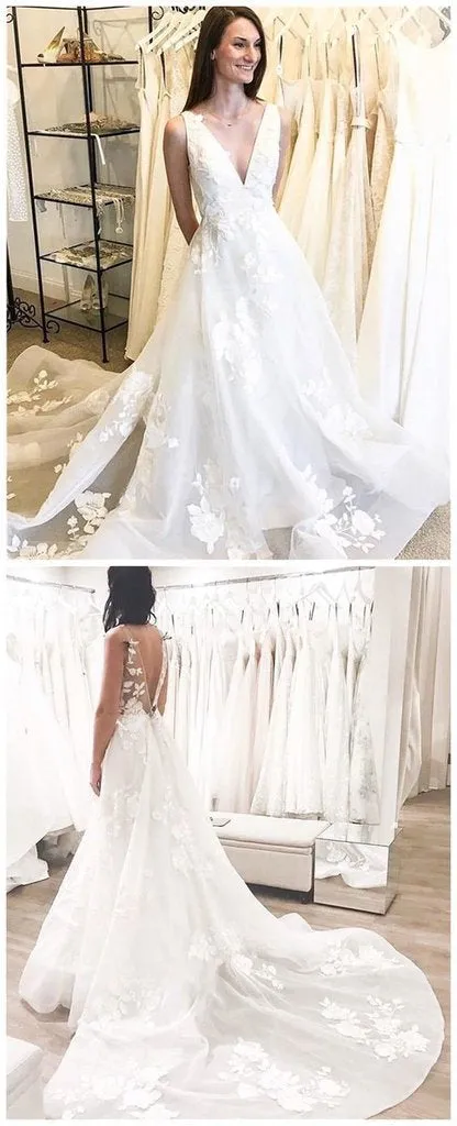 Cheap A-Line Deep V-Neck Backless Long Wedding Dress with Appliques PFW0089
