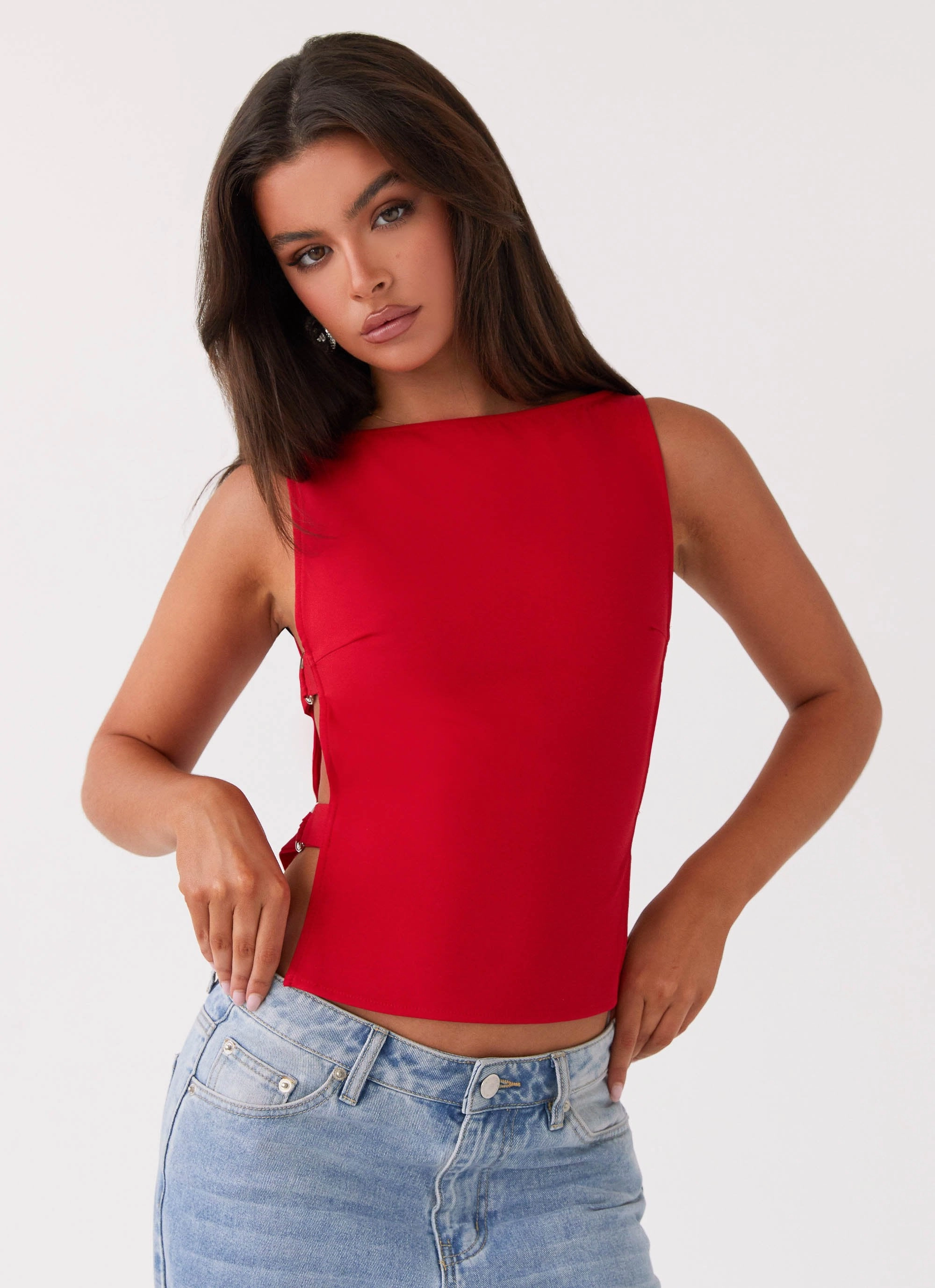 Cherish You Buckle Top - Red Anti Pilling Fabric