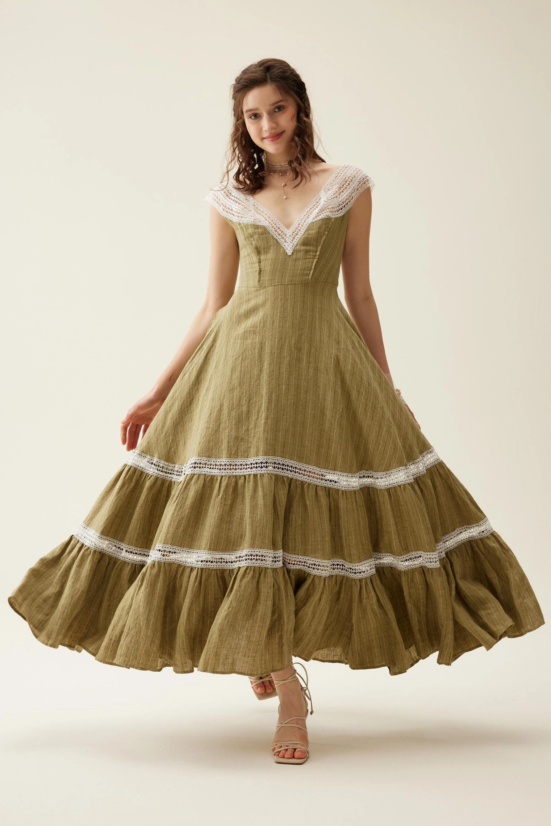 Adjustable Cuff Cherry Tree 25 | Lace Linen flared dress