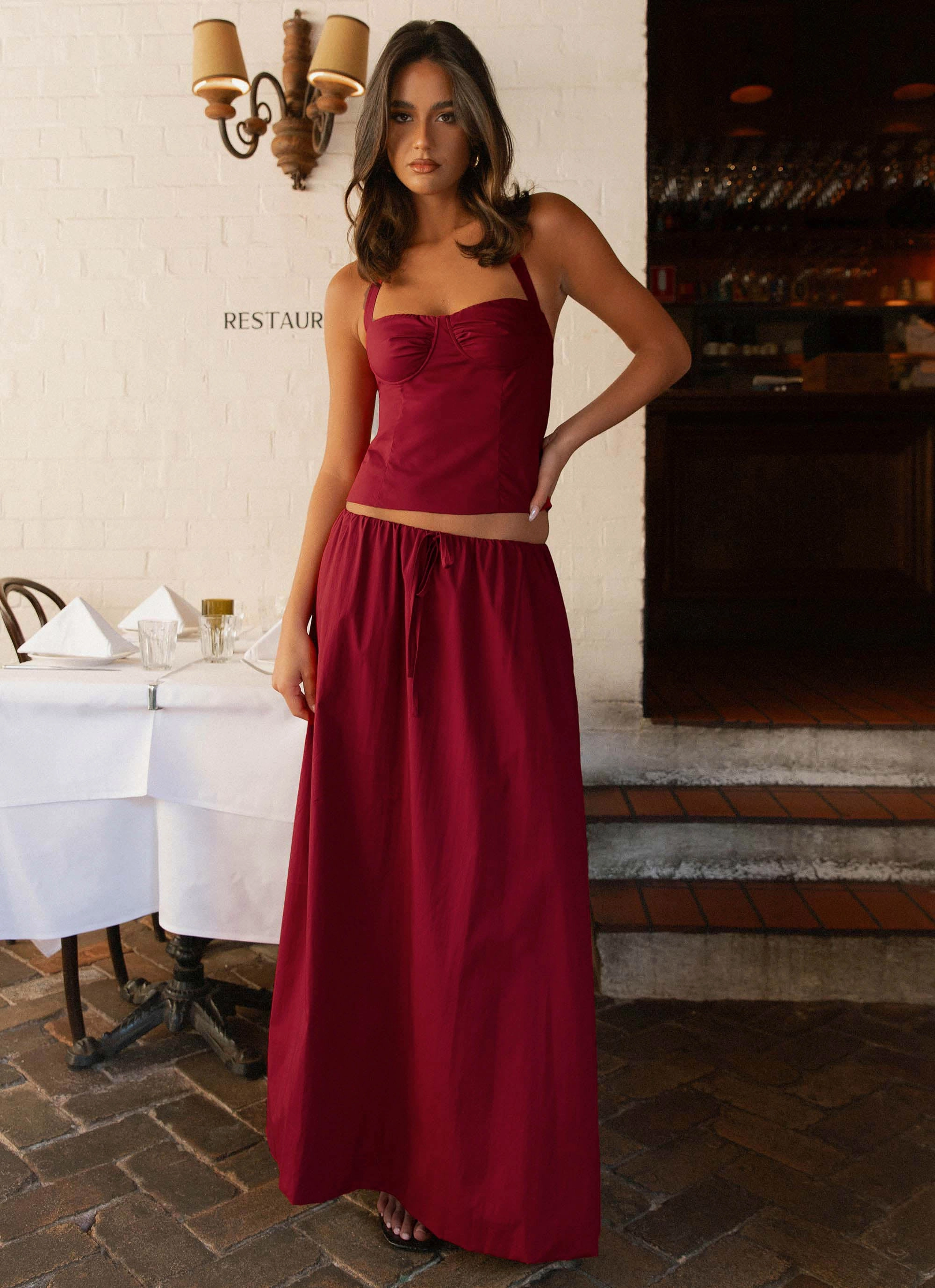 Cheryl Maxi Skirt - Cherry Red Rolled Hem Foldable Design