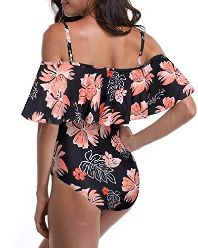 Chic Off Shoulder One Piece Beachwear For Ladies-Black Orange Floral