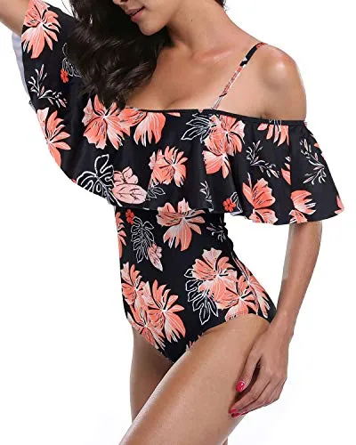 Chic Off Shoulder One Piece Beachwear For Ladies-Black Orange Floral