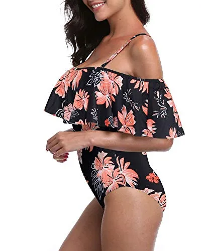 Chic Off Shoulder One Piece Beachwear For Ladies-Black Orange Floral