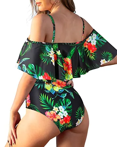 Chic Off Shoulder One Piece Swimsuit With Spaghetti Straps-Black Leaf