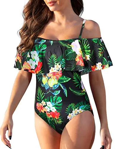 Chic Off Shoulder One Piece Swimsuit With Spaghetti Straps-Black Leaf