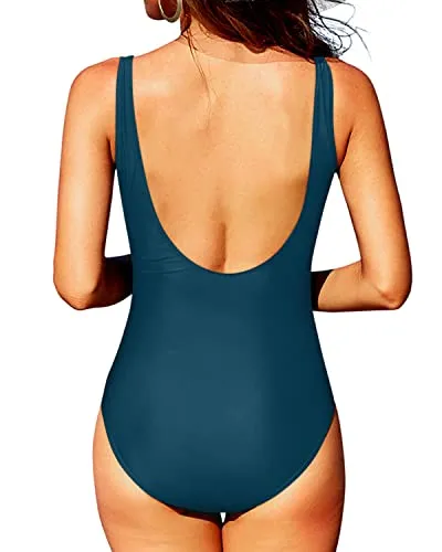 Chic Ruched Tummy Control Round Neck One Piece Swimsuits-Teal